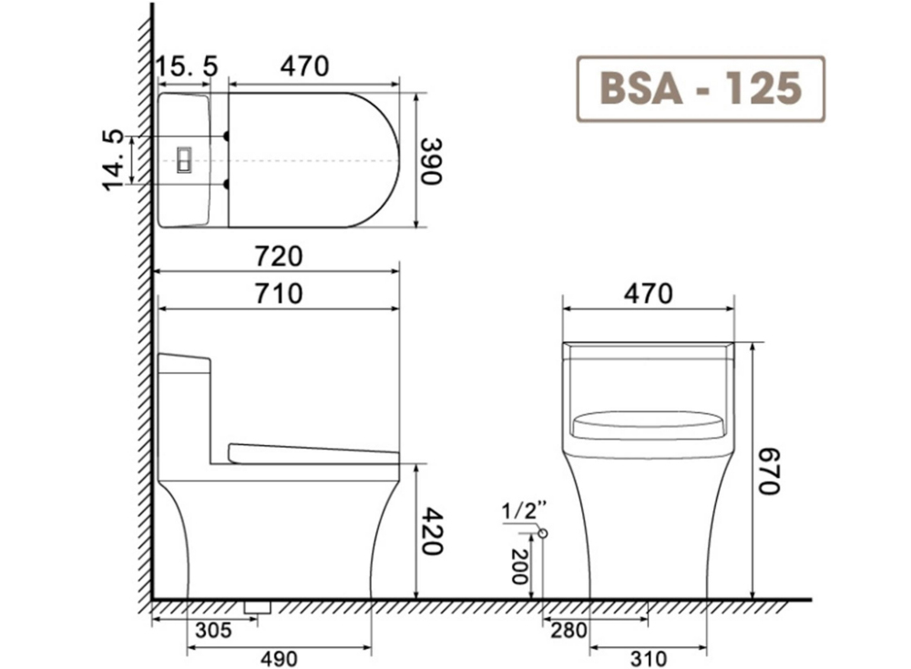 Bản vẽ kỹ thuật bồn cầu Basic BSA-125