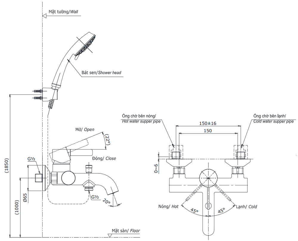 Bản vẽ kỹ thuật sen tắm TOTO TBG11302VA/TBW01035V