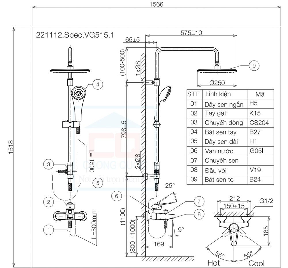 Bản vẽ kỹ thuật sen tắm cây Viglacera VG515.1