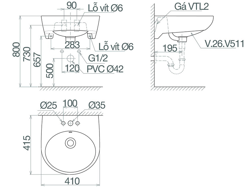 Bản vẽ kỹ thuật lavabo Viglacera V511