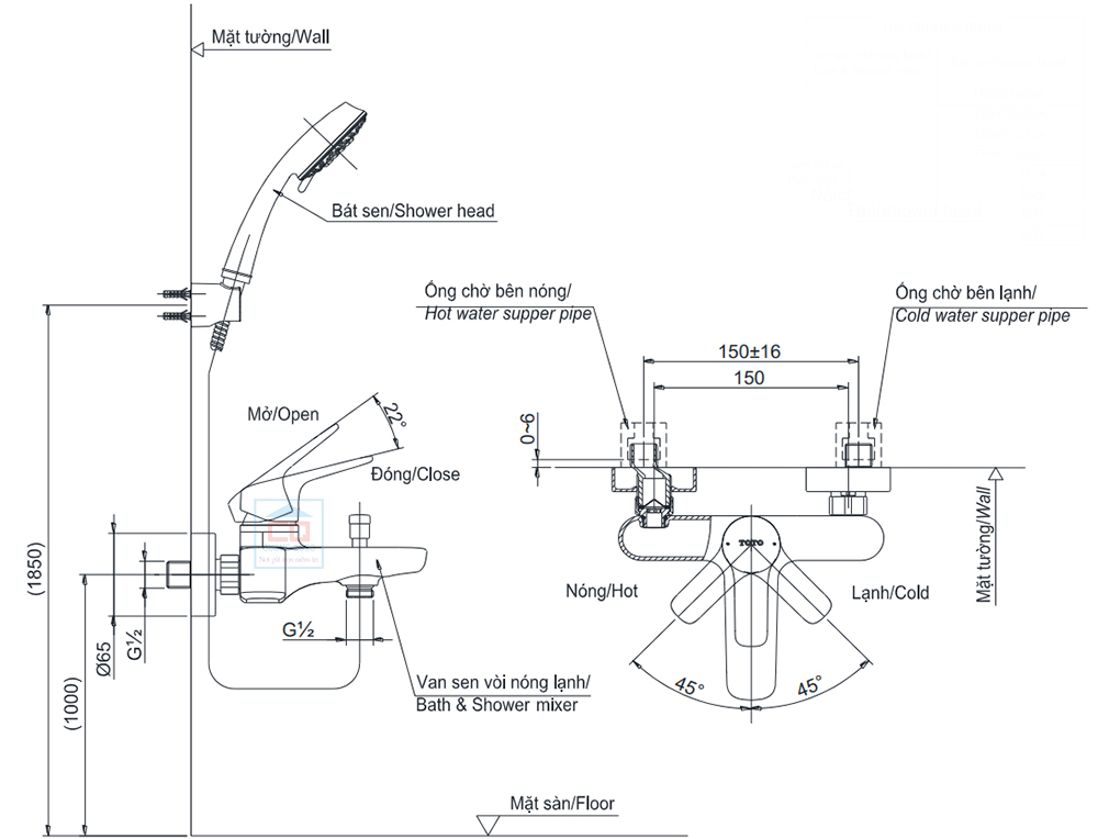 Bản vẽ kỹ thuật sen tắm TOTO TBG03302V/TBW01035V