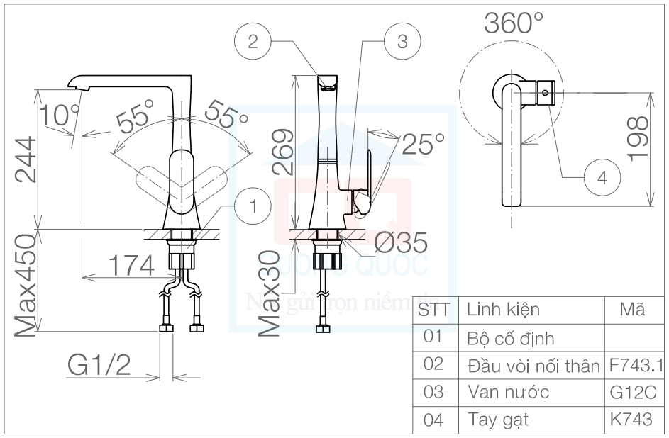 Bản vẽ kỹ thuật vòi bếp Sanfi SF743