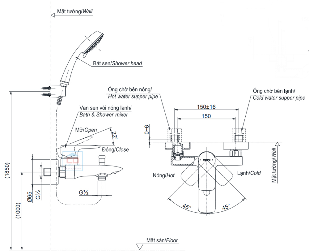 Bản vẽ kỹ thuật sen tắm TOTO TBG04302VA/TBW01010A