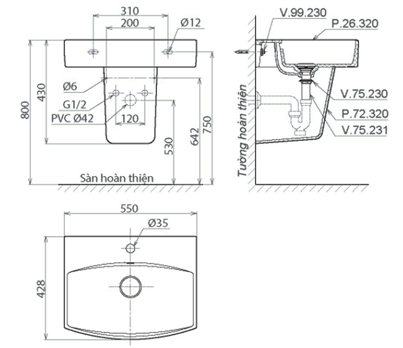 Bản vẽ kỹ thuật lavabo Viglacera Platinum P.26.320