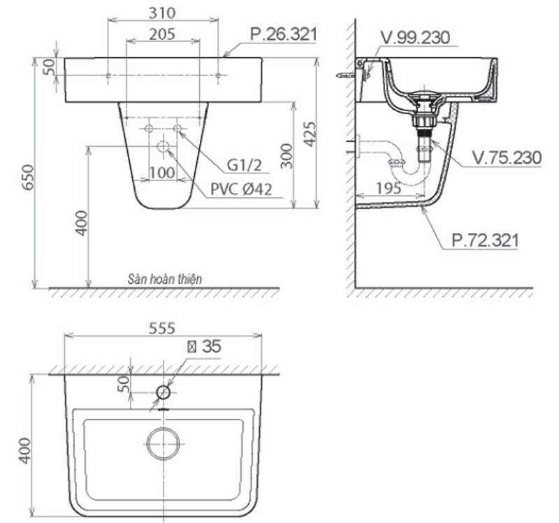 Bản vẽ kỹ thuật lavabo Platinum P.26.321