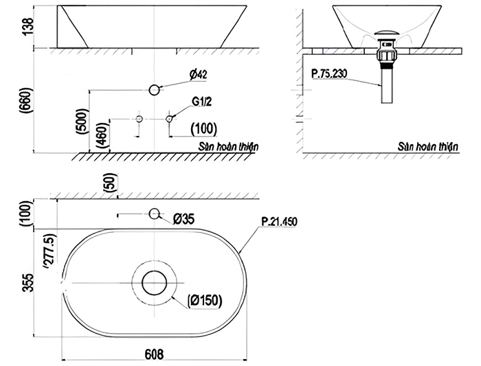 Bản vẽ kỹ thuật lavabo Viglacera Platinum P.21.450