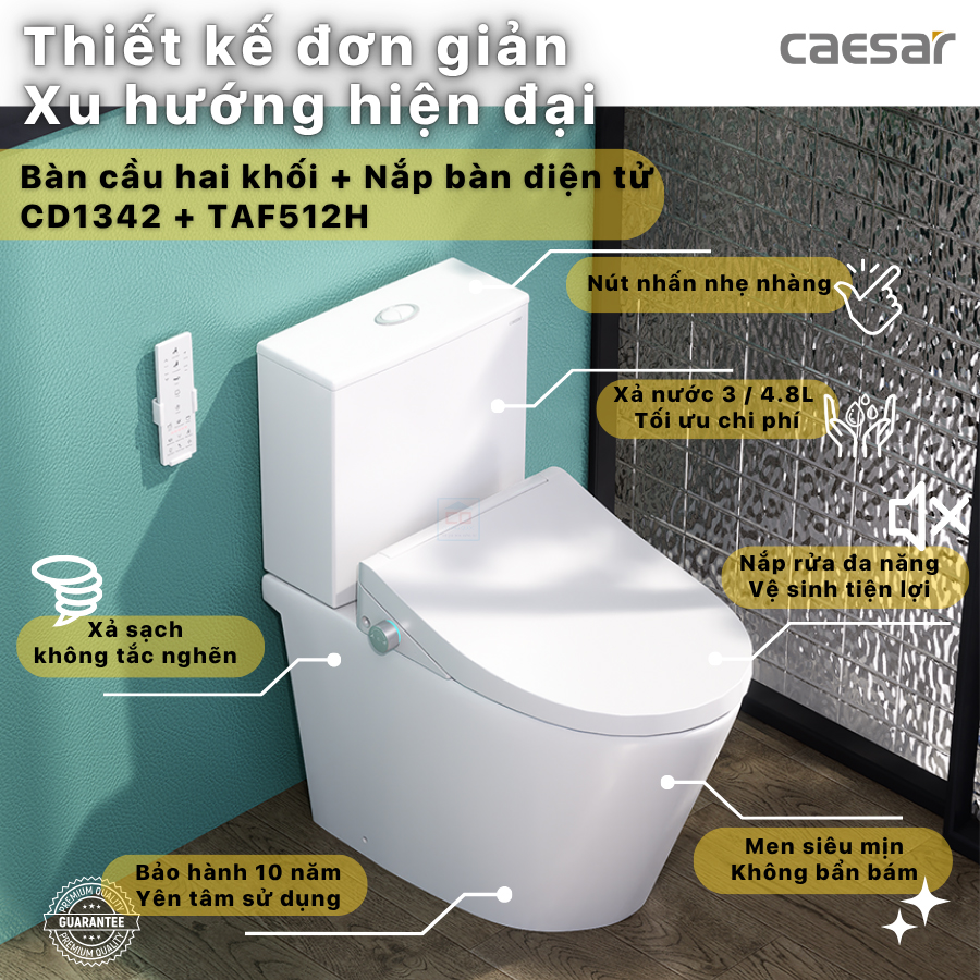 Bồn cầu nắp rửa điện tử Caesar CD1342 + TAF512H