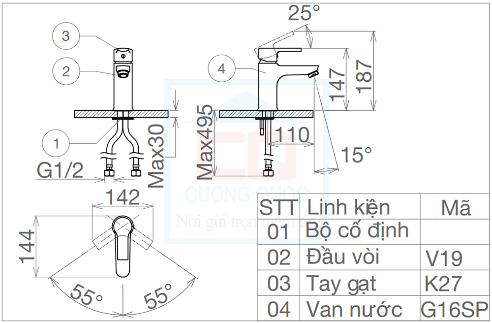 Bản vẽ kỹ thuật vòi chậu Sanfi SF115