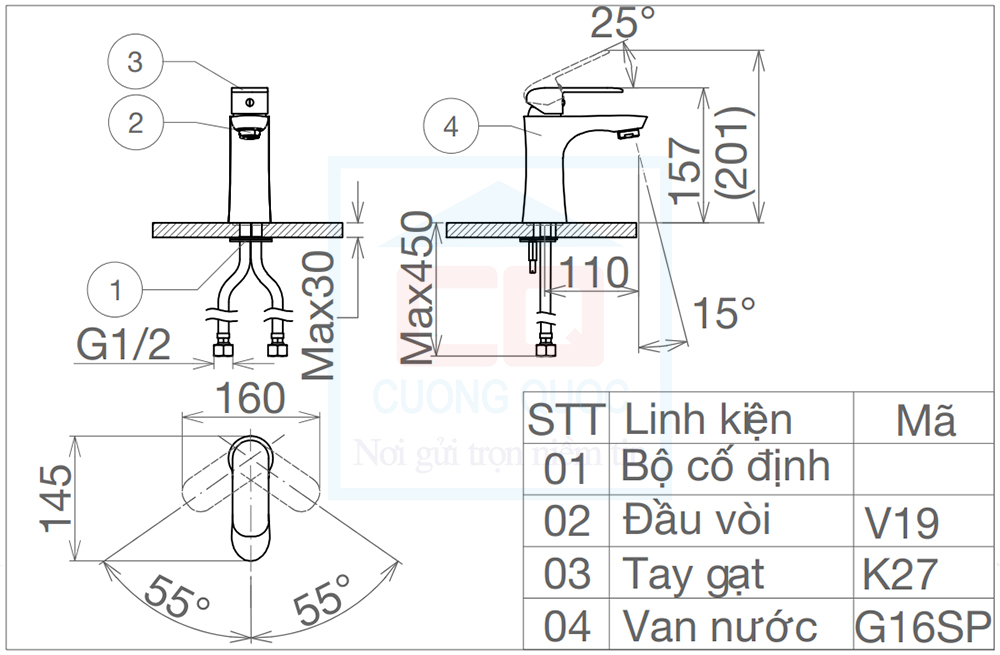 Bản vẽ kỹ thuật vòi chậu Sanfi SF116