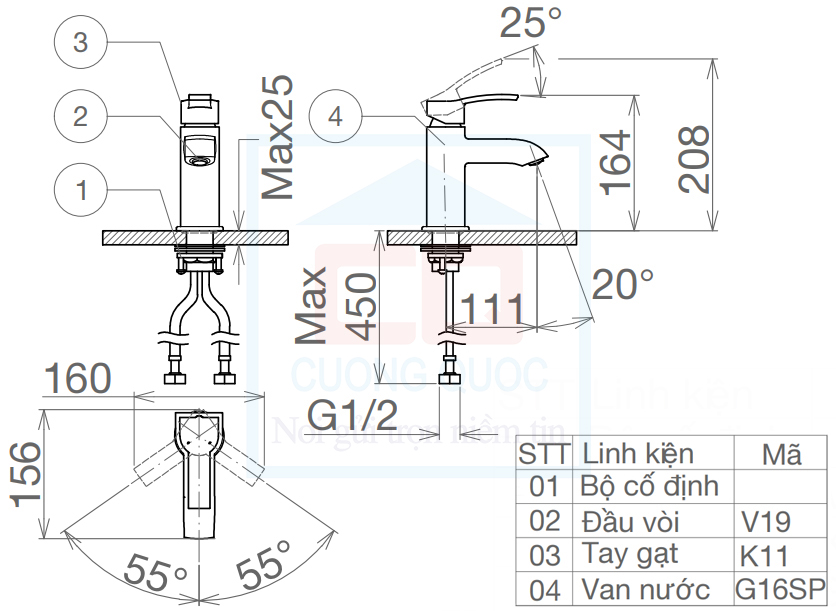Bản vẽ kỹ thuật vòi lavabo Sanfi SF111