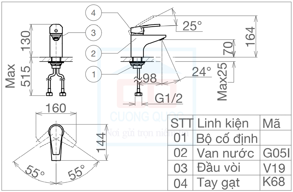 Bản vẽ kỹ thuật vòi lavabo Sanfi SF168