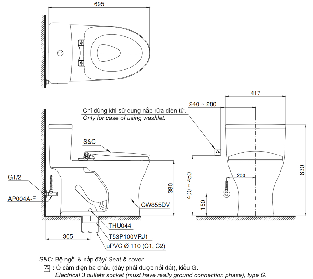 Bản vẽ kỹ thuật bồn cầu TOTO MS855DT2