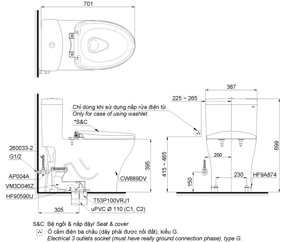 Bản vẽ kỹ thuật bồn cầu TOTO MS889DRT8