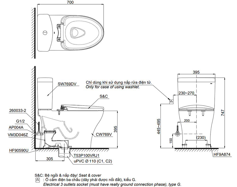 Bản vẽ kỹ thuật bồn cầu TOTO CS769DRT8
