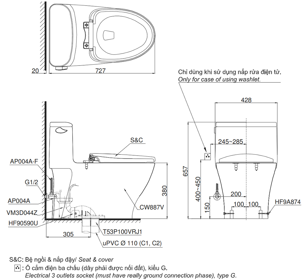 Bản vẽ kỹ thuật bồn cầu TOTO MS887RE4