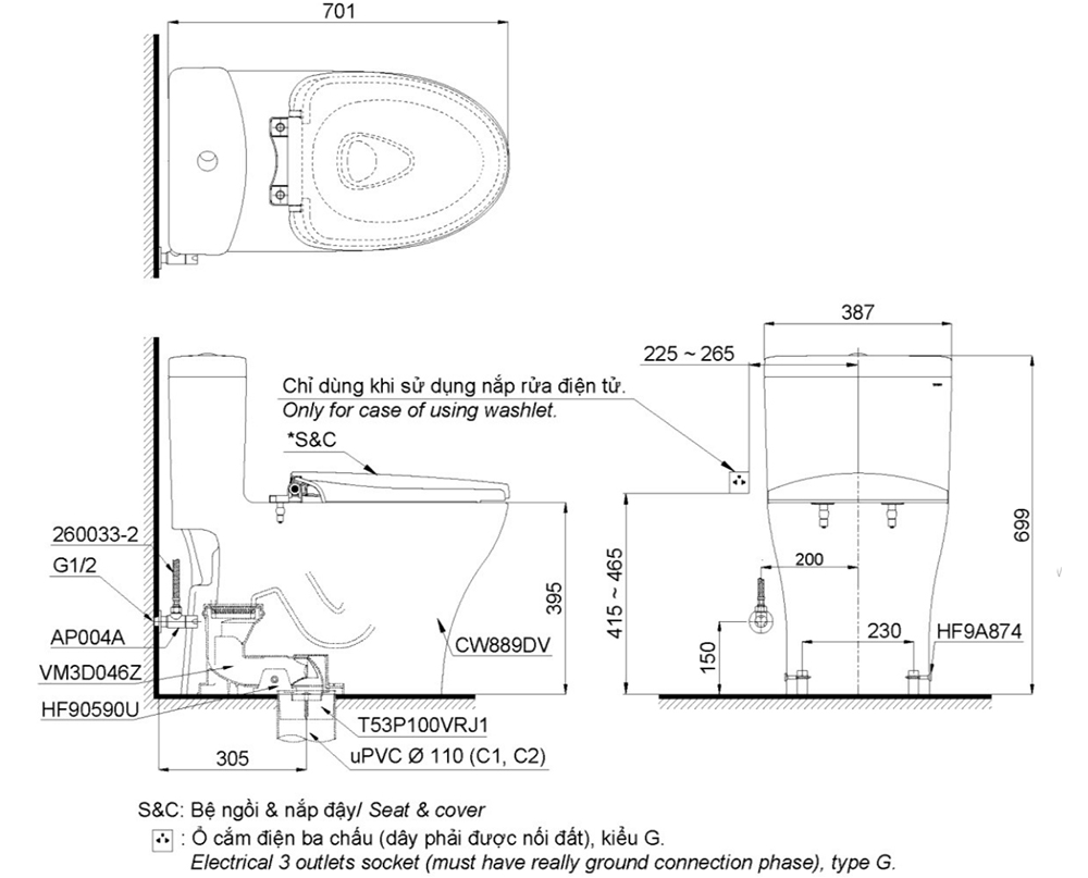 Bản vẽ kỹ thuật bồn cầu TOTO MS889DRE2