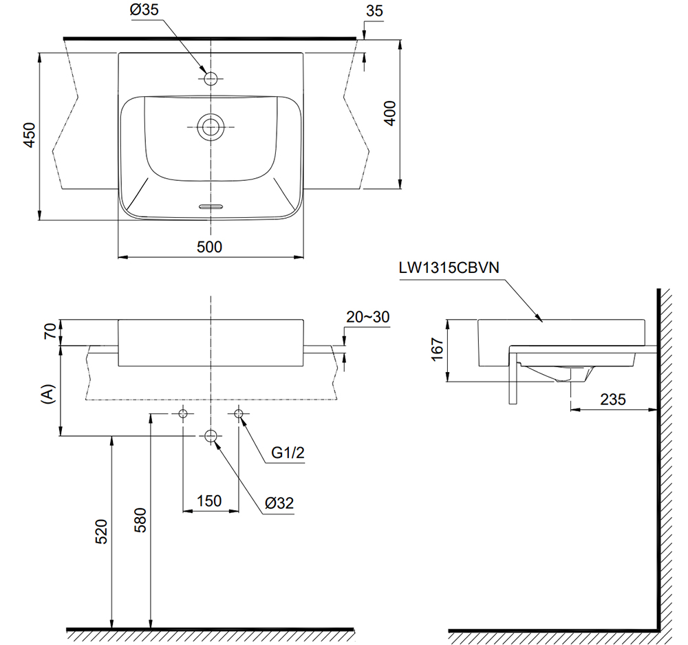 Bản vẽ kỹ thuật lavabo TOTO LW1315CBVN