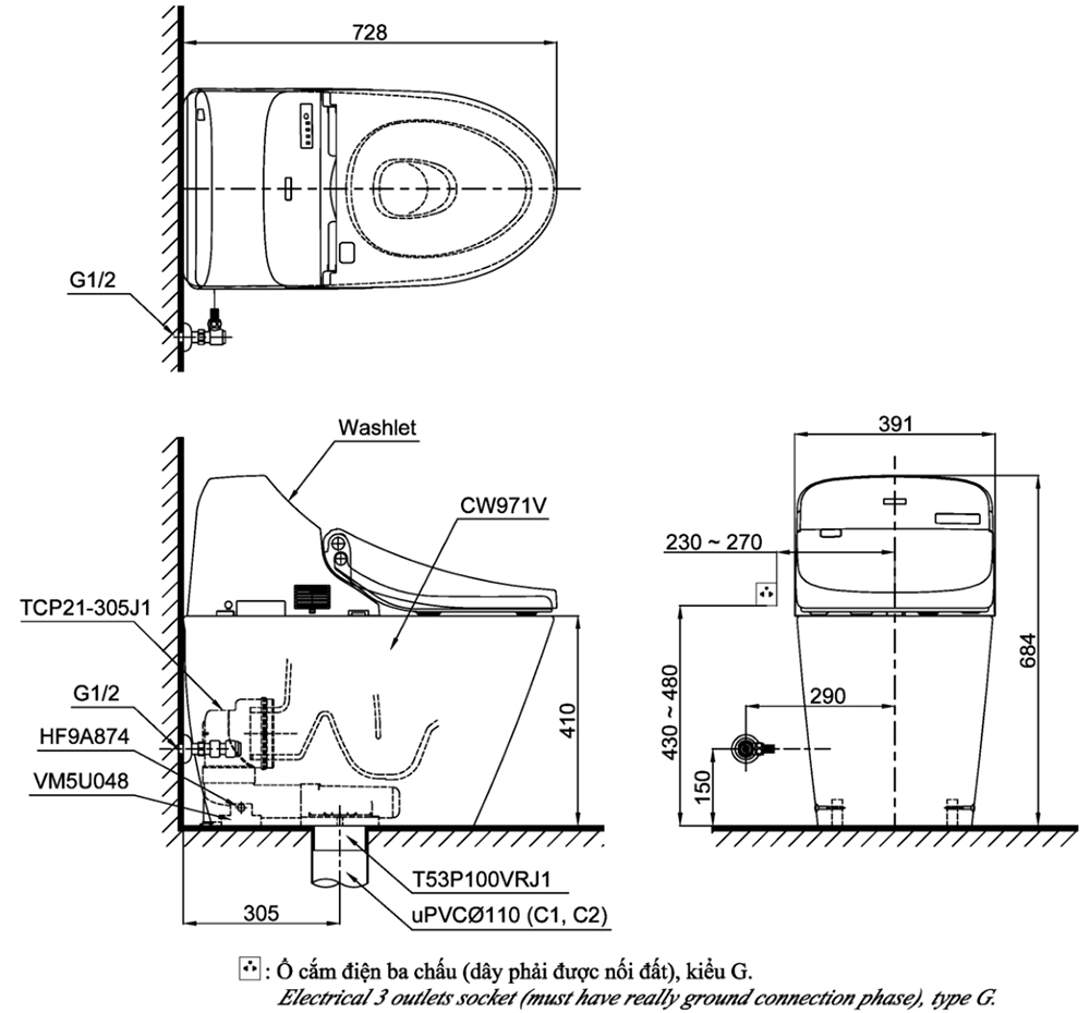 Bản vẽ kỹ thuật bồn cầu TOTO C971/TCF9433A