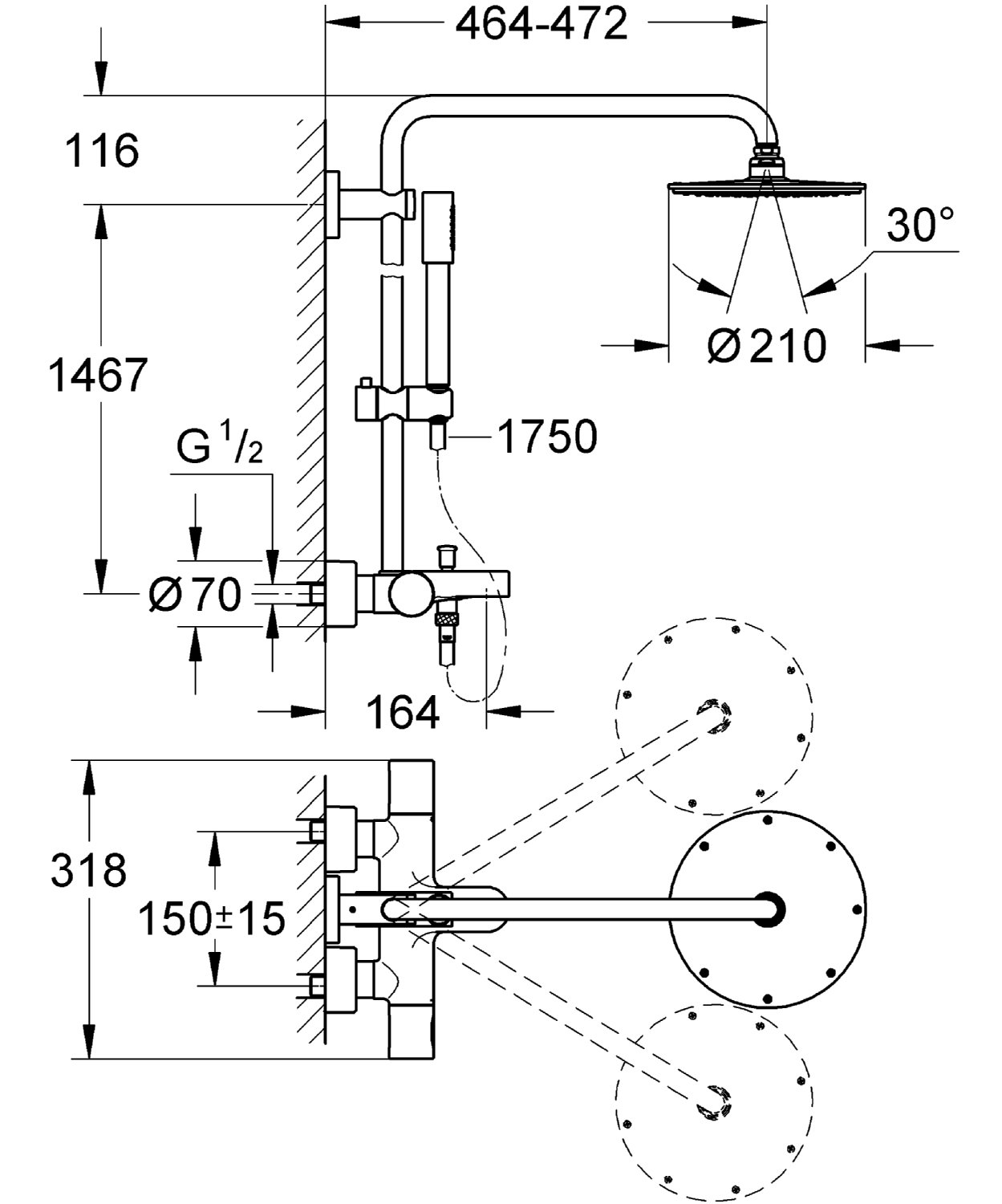 Thông số kỹ thuật sen cây tắm nóng lạnh Grohe 27641000
