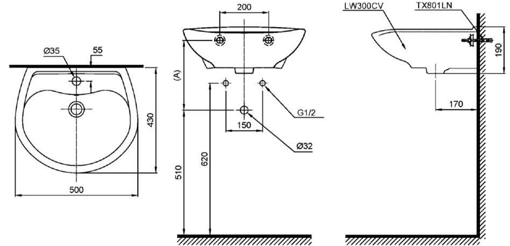 Bản vẽ kỹ thuật lavabo TOTO LT300C