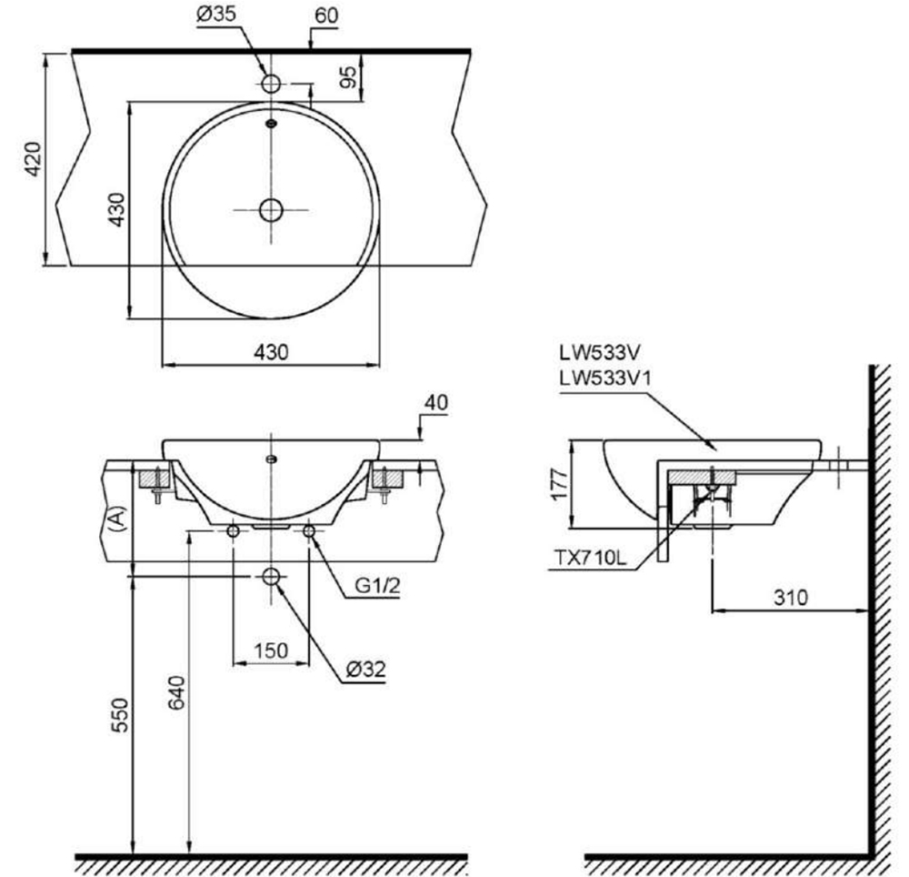 Bản vẽ kỹ thuật lavabo TOTO LT533R