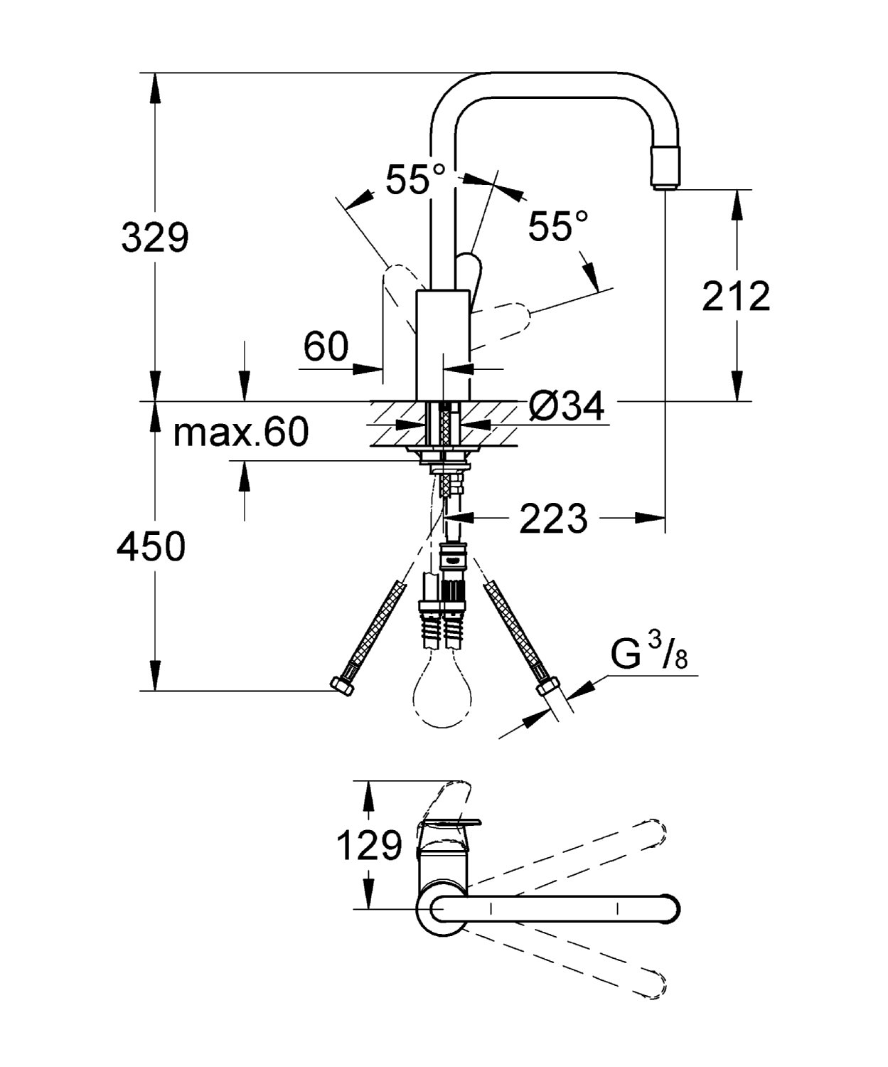 Kích thước vòi rửa bát Grohe 31122002