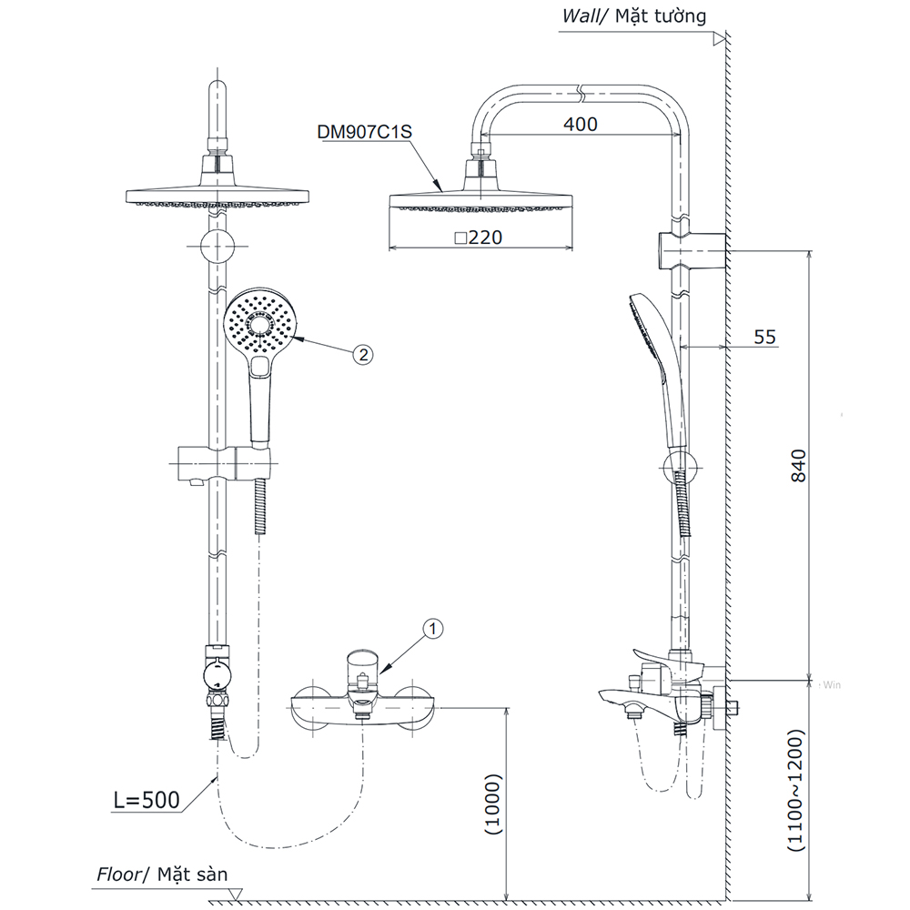 Bản vẽ kỹ thuật sen cây TOTO DM907C1S