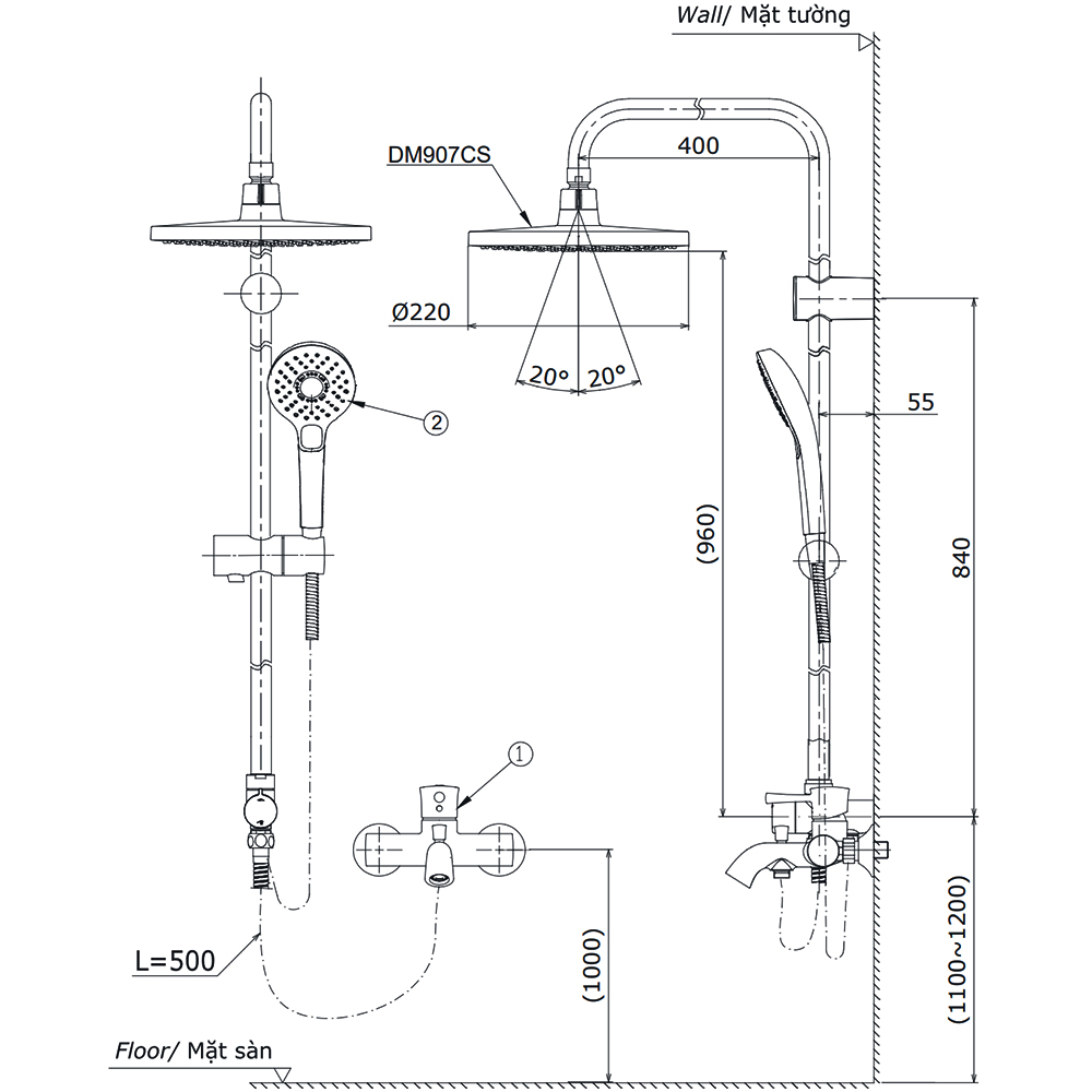 Bản vẽ kỹ thuật sen cây TOTO DM907CS
