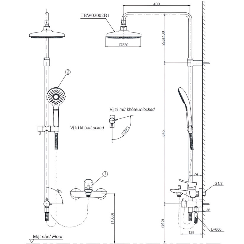 Bản vẽ kỹ thuật sen c&acirc;y TOTO TBW02002BA
