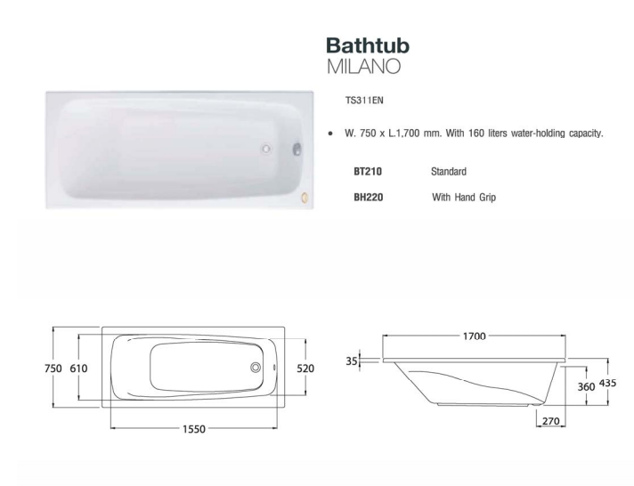 Thông số kỹ thuật bồn tắm nằm Cotto BT210PP(H)