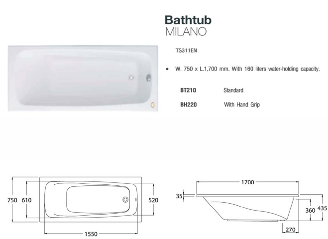 Thông số kỹ thuật bồn tắm Cotto BT220PP(H)