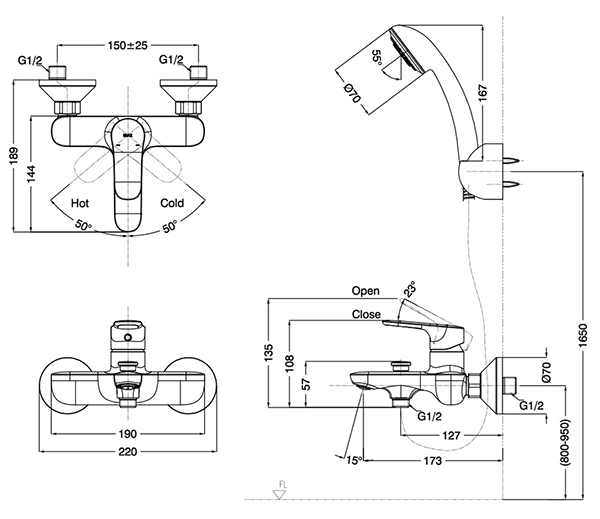 Bản vẽ kỹ thuật vòi sen tắm nóng lạnh BFV-1403S-7C