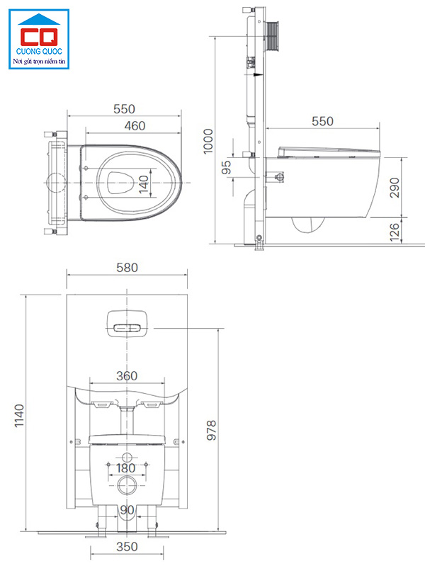 Bản vẽ thông số kỹ thuật của bồn cầu treo tường Inax AC-952+CW-S15VN