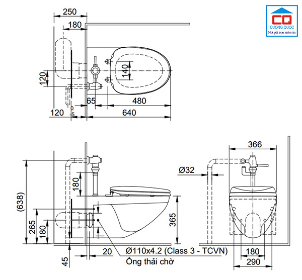 Bản vẽ thông số kỹ thuật của bàn cầu treo tường Inax AC-22P+CW-S32VN