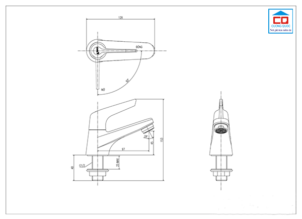 Bản vẽ thông số kỹ thuật của vòi chậu lavabo Inax LFV-17P một đường lạnh