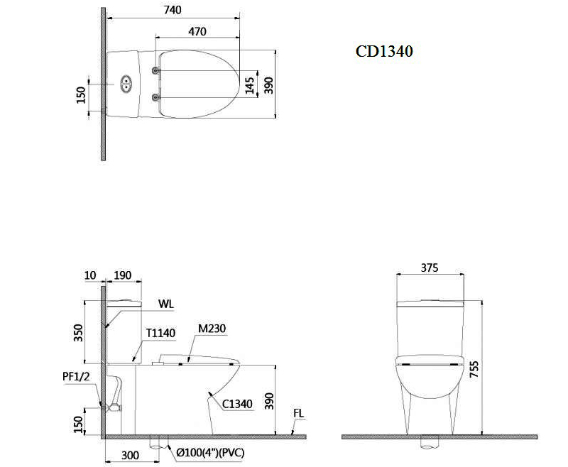 Bản vẽ kỹ thuật bồn cầu Caesar CD1340 + TAF060