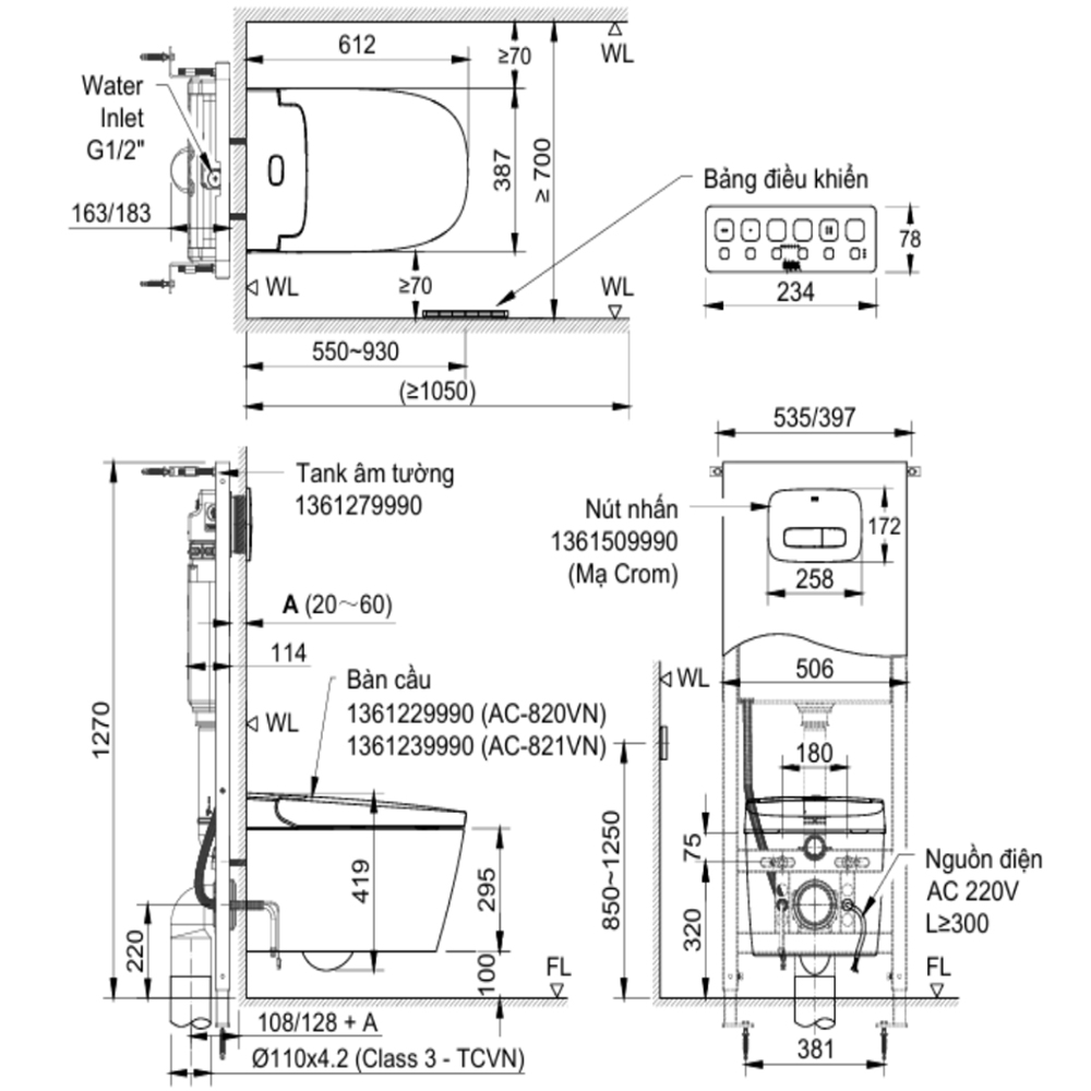 Bản vẽ kỹ thuật bồn cầu Inax AC-820VN