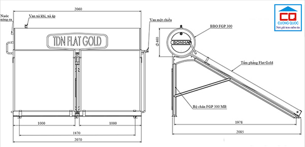 Bản vẽ kỹ thuật của máy nước nóng năng lượng mặt trời Sơn Hà tấm phẳng 300L