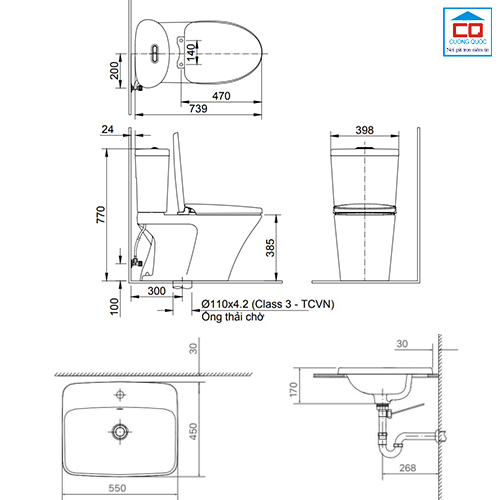 Bản vẽ bồn cầu 2 khối Inax AC-700VAN + chậu lavabo Inax AL-2398V