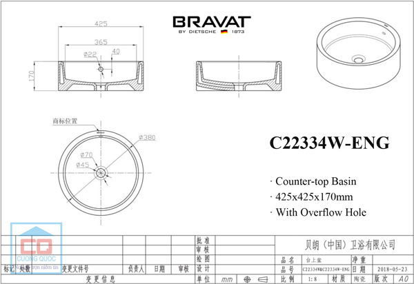 Thông số kỹ thuật chậu lavabo đặt bàn Bravat C22334W-ENG