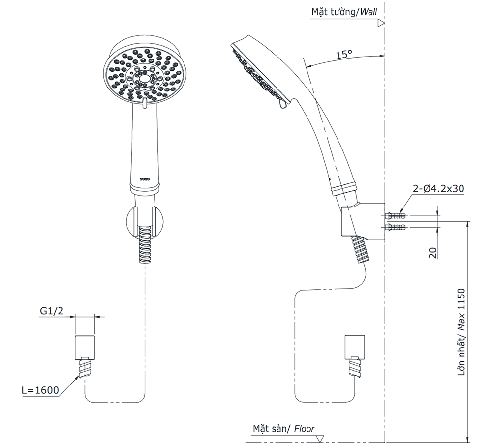 Bản vẽ kỹ thuật tay sen TOTO TBW03002B