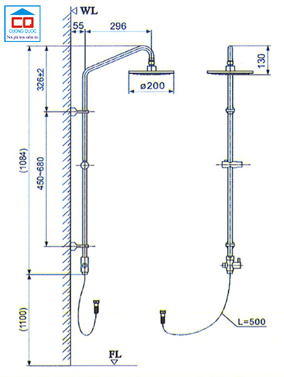 Bản vẽ kỹ thuật của sen tắm cây Inax BFV-CL1 nóng lạnh