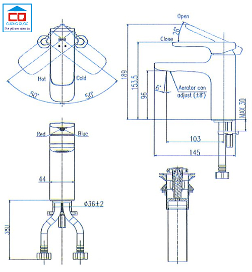Bản vẽ kỹ thuật của vòi chậu lavabo 1 lỗ Inax LFV-632S-2