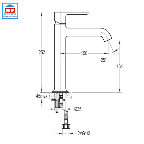 Bản vẽ kỹ thuật vòi nóng lạnh lavabo Flova FH 9865A-D125-PB thân cao