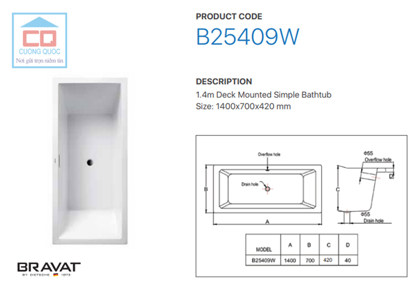 Thông số kỹ thuật bồn tắm âm cao cấp Bravat B25409W