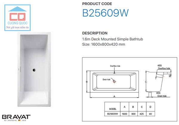 Thông số kỹ thuật bồn tắm âm cao cấp Bravat B25609W