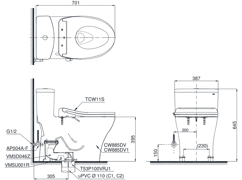 Bản vẽ kỹ thuật bồn cầu TOTO MS885DE6