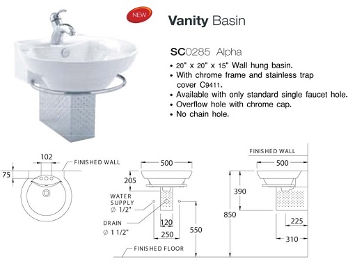 Bản vẽ kỹ thuật chậu lavabo Cotto SC0285