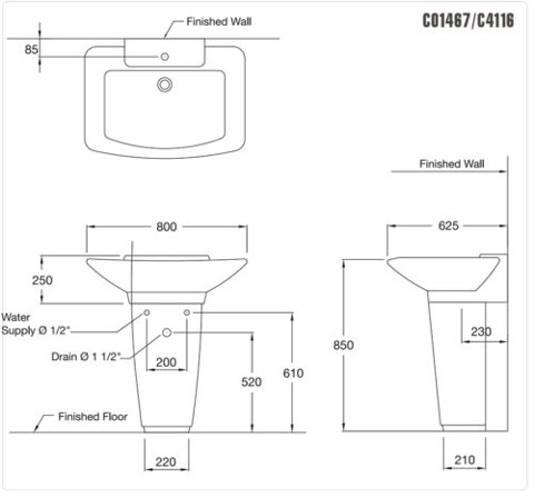 Thông số kỹ thuật Chậu rửa lavabo Cotto C01467/C4116