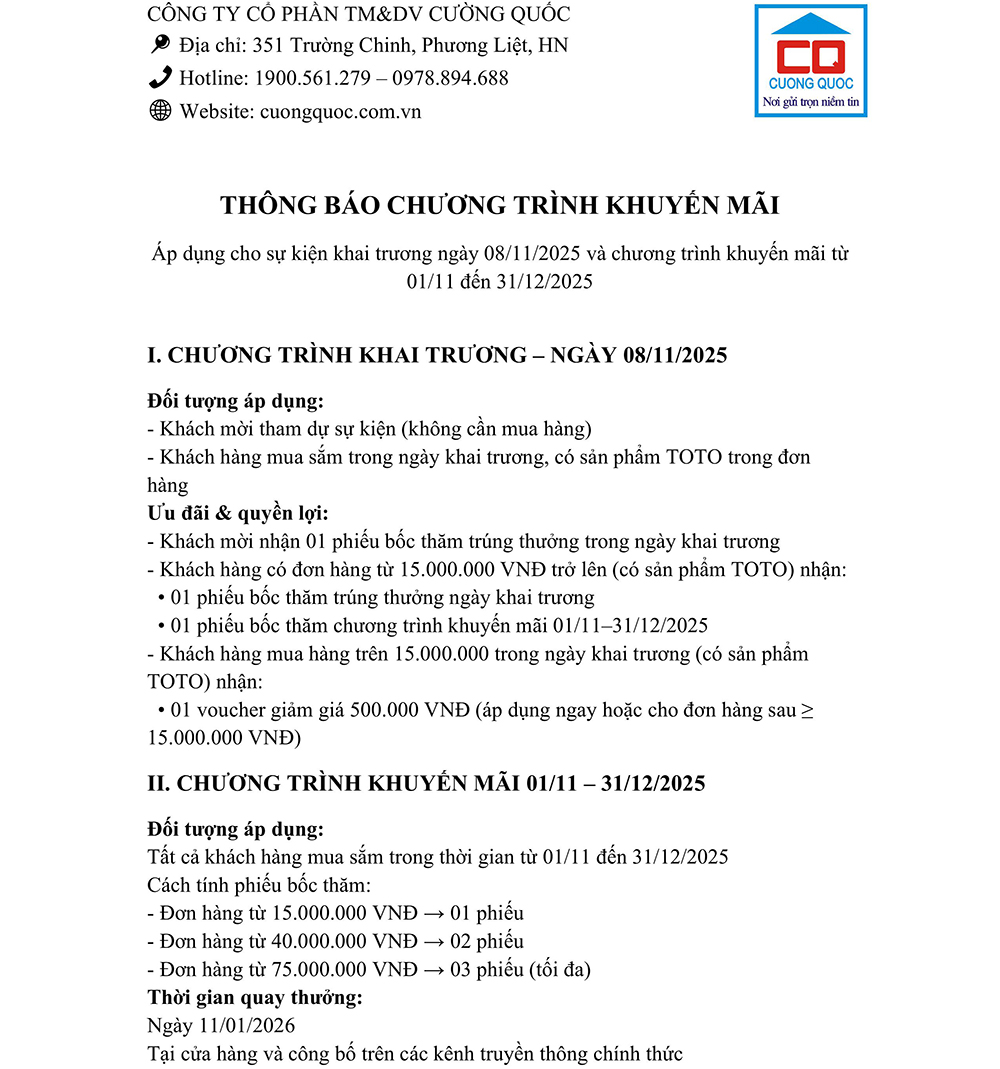 Thông báo chương trình khuyến mãi